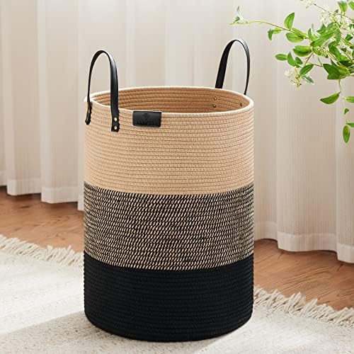 VIPOSCO 58L Tall Woven Rope Laundry Hamper, Leather Handles, Brown & Black by VIPOSCO