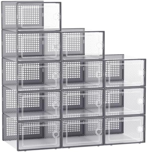Kuject 12 Pack Large Shoe Boxes, Clear Stackable Containers with Lids,Grey by Kuject