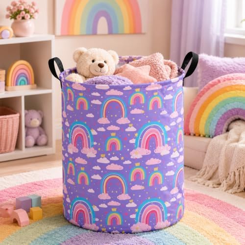 Collapsible Kids Laundry Basket Clothes Hamper, Foldable Storage Organizer Bin, Toy Clothes Storage with Handles for Boys Girls Bedroom, Room Decor Purple Rainbown - Image 3