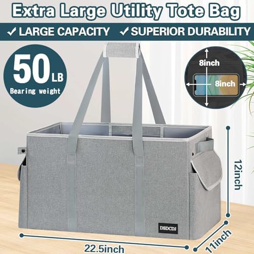 Standing Extra Large Utility Tote Bag with Hard Bottom & Hard Sides, Heavy Duty Reusable Grocery Bags with Handles & 3 Pockets for Shopping, Beach, Picnics, Car (22.5"x11"x12", Grey) - Image 3