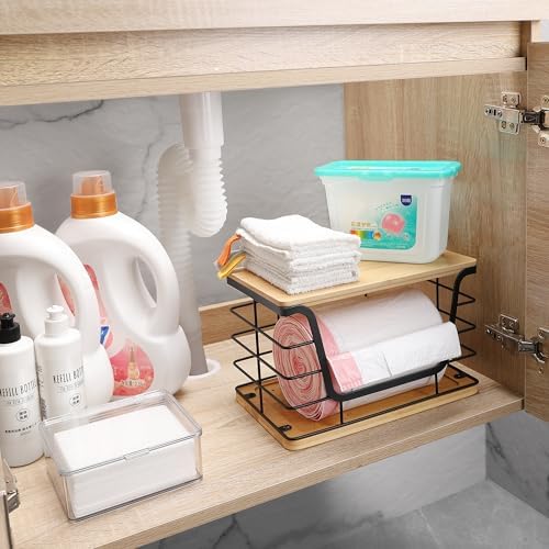 ALOCEO Large Wire Basket for Kitchen Pantry, Stainless Steel Kitchen Counter Organizer for Potato Onion, Trash Bag Dispenser Under Sink with Bamboo Top, Black - Image 6