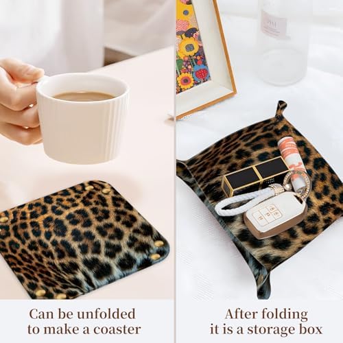 PU Leather Jewelry Valet Tray, Portable Catchall Tray for Keys, Wallet, Watch, Travel Organizer for Nightstand Desk Entryway Home Decor Gift for Women Men Brown Leopard Print - Image 3