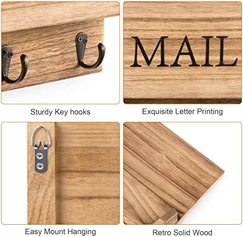 DLQuarts Mail Organizer with Key Holder for Wall Decorative Mail Sorter Wall Mounted, Wooden Mail Holder with 3 Hooks, Carbonized Brown - Image 4