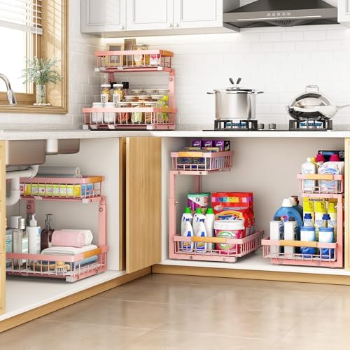 PXRACK Under Sink Organizer, Adjustable Height, 2 Tier Pull Out Under Cabinet Organizer, Slide Out Thickened Metal Under Sink Storage for Kitchen Bathroom Laundry Pantry Cabinet, Pink, Large-2-Pack - Image 7