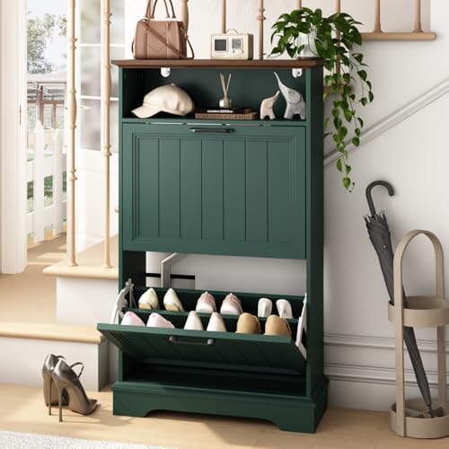 24" W Hidden Shoe Storage Cabinet with 2 Flip Drawers & Open Storage by WINWY
