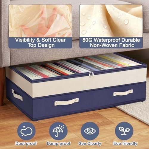 Dolicer 2 Pack Under Bed Storage with Wheels, 6in-10in Height Adjustable Underbed Storage Containers, 92L XXXL Under Bed Drawers Rolling Bin with Clear Lids for Dorm Shoes Clothes Organizers(Blue) - Image 5