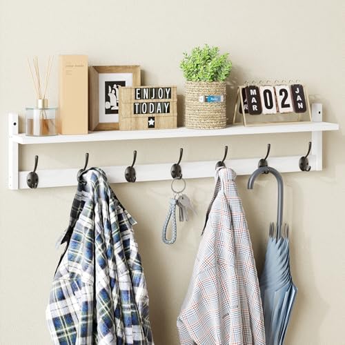 BAMEOS 35" L Wall Hooks with Shelf, Entryway Coat Hooks, Wood Wall Hanging Shelf, Wall-Mounted Coat Rack with 7 Dual Metal Hooks for Bathroom, Kitchen, Living Room, Bedroom (White) by BAMEOS