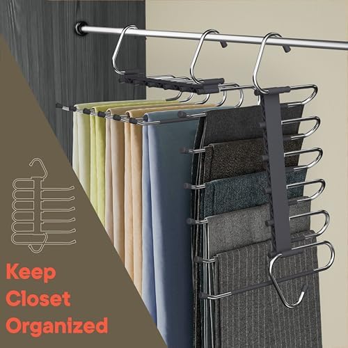 Campior Space Saving Pants Hangers 4 Pack, 6 Layer Jeans Hangers and Closet Organizer for Jeans, Scarves, & Skirts, Multi-Layer Hanger with Anti-Slip Stopper, Heavy-Duty S-Type Stainless Steel, Gray - Image 6