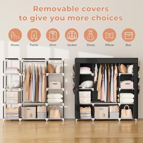 VTRIN Portable Closet Wardrobe for Hanging Clothes 57.3 Inch Large Capacity Clothes Rack with Cover, 10 Storage Organizer Shelves, 1 Hanging Rods and 6 Pockets, Free Standing Closet for Bedroom, Black - Image 4