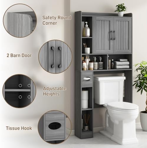 Vabches Farmhouse Over The Toilet Storage Cabinet with Barn Door, Wash Grey - Image 4