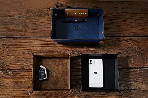 Leather Bedside Storage Tray - Jewelry Organizer for Girl's Key, Wallet, Coin Box - Travel PU Valet Tray (Dark Blue) - Image 4