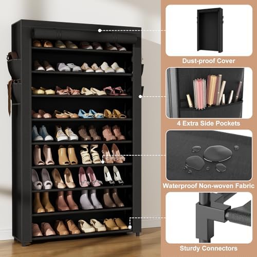 VILICK Shoe Rack with Cover Narrow Shoe Organizer with Pockets 10 Tier Tall Shoe Storage Holds 36-41 Pairs Shoes and Boots Shoe Rack for Closet Entryway Garage, Black - Image 4