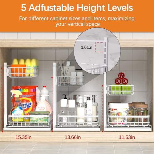 Under Sink Organizer, Adjustable Height Pull-Out Kitchen Storage Organization,15.8" x 11.8" x 16.5", 2-Tier Kitchen Shelf, Bathroom Drawer Organizer, 2 Pack|White - Image 4
