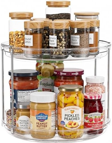 Oizeir 2 Tier Lazy Susan Organizer for Cabinet, Clear Acrylic Rotating Spice Rack Turntable for Kitchen, Pantry, Countertop, Bathroom, Vanity – Double Tier Storage Carousel with Metal Supports by Oizeir