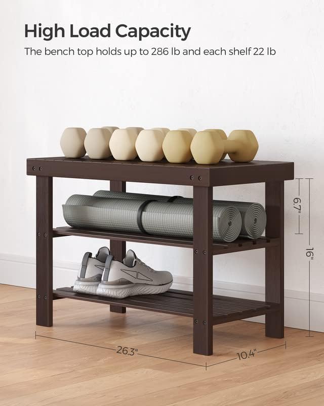 SONGMICS Shoe Rack Bench, 3-Tier Bamboo Shoe Storage Organizer, Entryway Bench, Holds Up to 286 lb, 11.3 x 27.6 x 17.8 Inches, for Entryway Bathroom Bedroom, Brown ULBS04Z | Shoe Storage Organizer, Holds Up to 286.6 lb, Brown, BAMBOU Collection ULBS04Z - Image 3