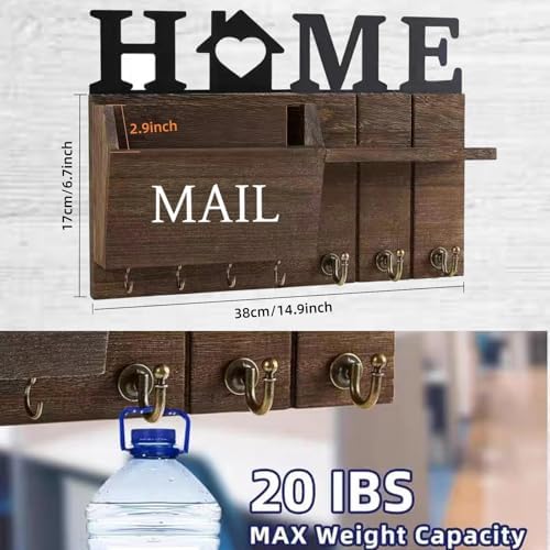 Rustic Wall Key Holder with Shelf & Hooks - Mail Organizer for Entryway | Wooden Key Rack for Keys, Coats, Dog Leash - Brown - Image 3