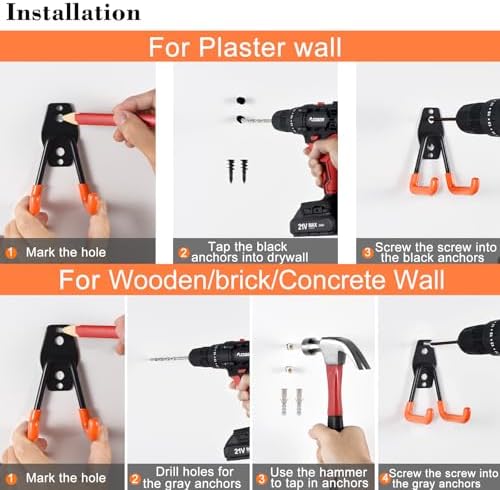 AOBEN 24PCS Garage Hooks, Heavy Duty Double Garage Hanger Organizer Wall Mount Iron Anti-Slip Garage Storage Hooks for Ladder, Power Tool,Bike,Ropes（23 Hooks & 1 hoder Strap-Orange - Image 5
