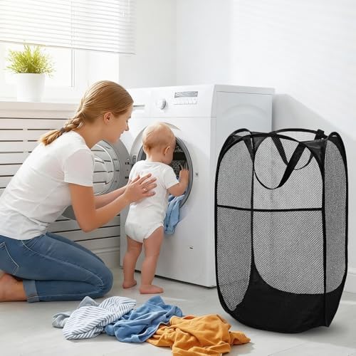 BATTOO Deluxe Strong Mesh Pop up Laundry Hamper Basket with Side Pocket for Laundry Room, Bathroom, Kids Room, College Dorm or Travel 2 Pack Black - Image 2