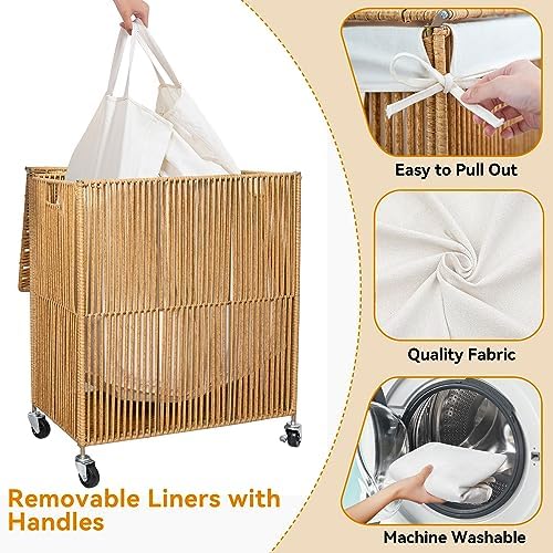 WOWLIVE Rolling Laundry Basket Wheels, Handwoven Laundry Hamper with Lid - Image 5