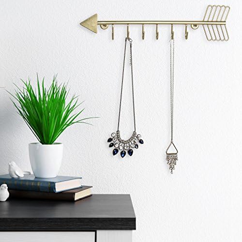 MyGift 12 Inch Wall Mounted Brass Tone Metal Arrow Shaped Jewelry Organizer, Hanging Accessories Storage Display Rack with 6 Hooks for Necklaces Bracelets Keys - Image 2