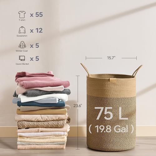 Nunsino Laundry Hamper 75L,Large Laundry Basket for Clothes,Decorative Storage Basket for Blankets,Cotton Rope Woven basket for bedroom,Dark Brown - Image 6