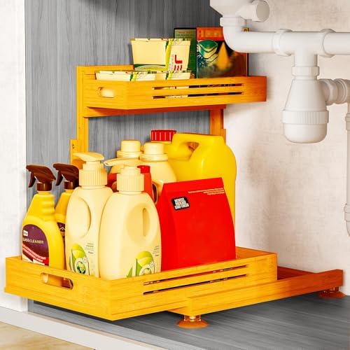 Under Sink Organizer, Premium Bamboo Wood Pull Out Cabinet Organizer, 2 Tier Slide Out Sink Shelf Cabinet Storage Shelves, Under Sink Storage for Kitchen Bathroom Cabinet by Banlilu