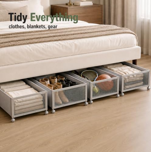 Fokyfok 2Pack Under Bed Storage Containers,10 inch Height,31 inch Long | Under Bed Shoe Storage,Underbed Storage with Wheels,Large Rolling under bed Clothes Storage Drawers,Lid,Dorm Tall,Grey - Image 6