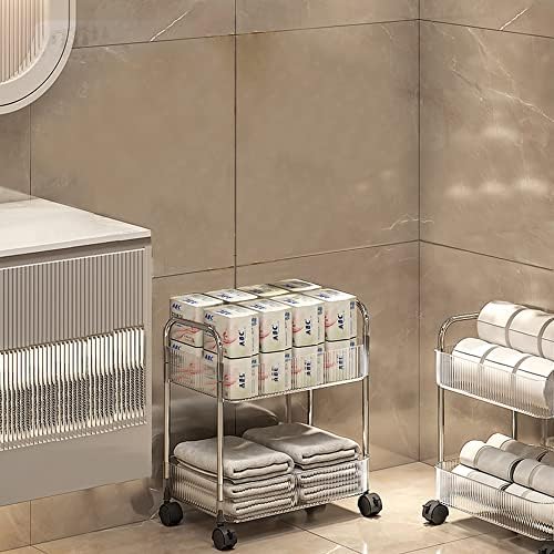2-Tier Utility Rolling Cart Storage Organizer Sofa Side Table with Wheels, Under Desk Mobile Trolley Organizer with Handle and 2 Hanging Baskets for Office Home Kitchen Organization, Transparent - Image 4