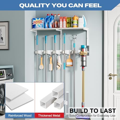 Broom Holder Wall Mount with Cleaning Supplies Organizer, Laundry Room Organization and Storage Shelf with Mop Hanger Rack Gripper Hooks, Utility Shelf Closet Organizer Floating Shelves for Garage - Image 7
