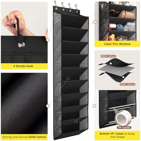 Mefirt 20-25 Pairs Over the Door Shoe Organizer, Clear Pockets Shoe Rack for Closet Door, 10-Tier Hanging Shoe Rack for Boots, Behind the Door Shoe Holder Fit All the Family's Sneakers, Heels, Black - Image 3