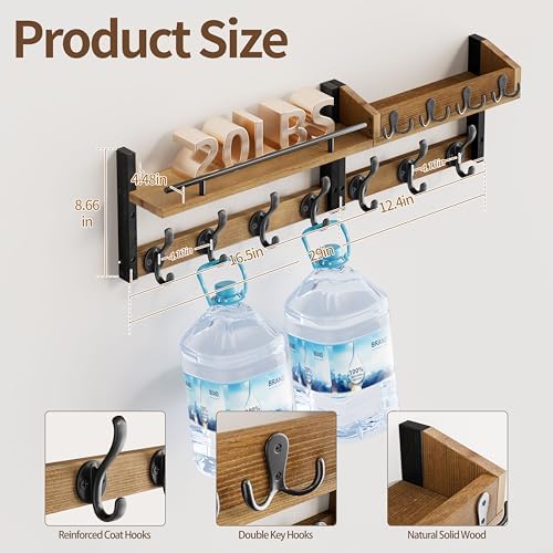 29 inch Coat Rack Wall Mount with Shelf, Entryway Wall Shelf with Hooks, Heavy Duty Coat Hanger Wall Mount with Key Holders and Mail Organizer for Living Room, Bedroom, Wooden Brown & Black - Image 2