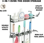 Over the Door Heavy Duty Metal Broom & Mop Holder, No-Drill Cleaning Supply Organizer with 4 Grips, 3 Hooks & 1 Storage Basket for Laundry Room & Garage - Image 2