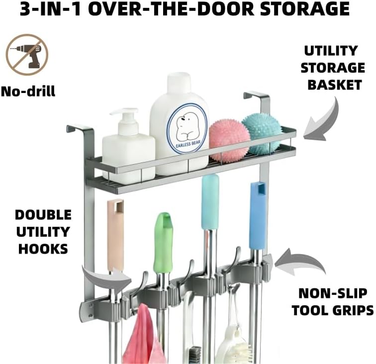 Over the Door Heavy Duty Metal Broom & Mop Holder, No-Drill Cleaning Supply Organizer with 4 Grips, 3 Hooks & 1 Storage Basket for Laundry Room & Garage - Image 2