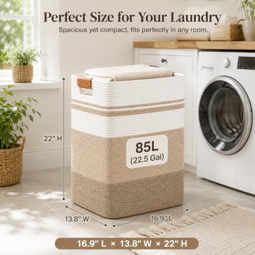 Laundry Hamper, Cotton Rope Laundry Basket with Leather Handles, 22.5-Gallon/85 L Large Clothes Hampers for Laundry, Woven Laundry Baskets for Blankets, Clothing, Bedroom, Living Room, Nursery - Image 4