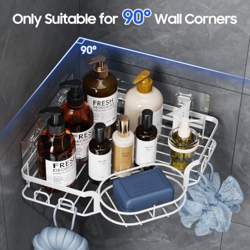 Corner Shower Caddy, Rustproof Shower Organizer with Soap Holder and 8 Hooks, No Drilling Adhesive Shower Shelves for Inside Shower, Large Capacity Shower Rack for Bathroom Shower Storage, White - Image 3