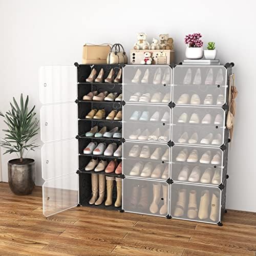 Portable Shoe Rack Organizer with Door, 48 Pairs Shoe Storage Cabinet Easy Assembly, Plastic Adjustable Shoe Organizer Stackable Detachable Free Standing Shoe Rack DIY Expandable 8 Tier Black - Image 2