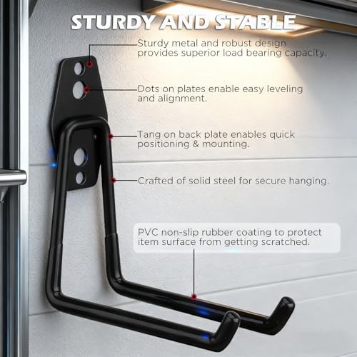 20 Pack Heavy Duty Garage Storage Hooks with Extension Cord Organizer, Solid Steel Wall Mount Hook Set with Anti-Slip Coating Utility J Hooks for Ladders,Bikes,Ropes,Broom,Garden,Yard and Power Tools - Image 3