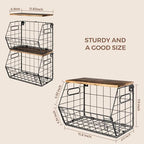 Delamu Stackable Metal Fruit Basket with Wood Lid 2 Pack, Hanging Wall Organizer for Kitchen Counter, Pantry Storage for Onions, Potatoes, Garlic, Fruits, Spices, Black - Image 5