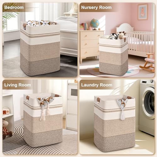 Laundry Hamper, 75L Tall Laundry Basket with Leather Handles, Rectangle Large Clothes Hamper for Organizing, Cotton Woven Laundry Baskets Storage Hampers for Bedroom, Nursery, Living Room - Image 5