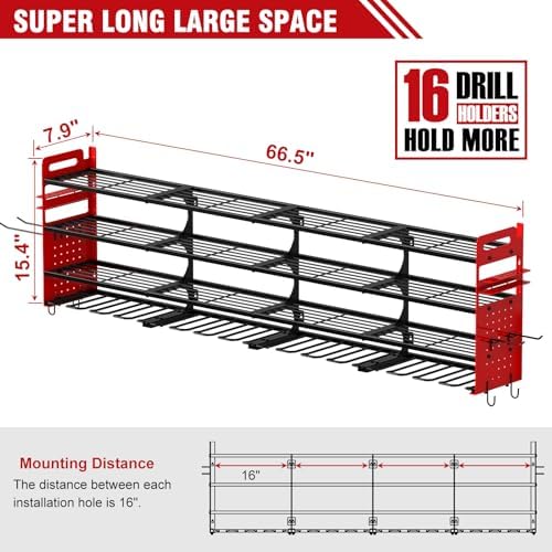 Large Power Tool Organizer Wall Mount, 16 Drill Holders Storage Rack, Red - Image 4