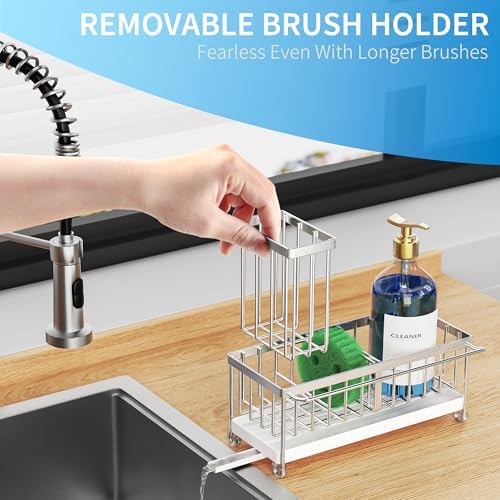 Cisily Sponge Holder for Kitchen Sink, Sink Caddy Organizer with High Brush Holder, Kitchen Countertop Organizers and Storage Essentials, Rustproof 304 Stainless Steel (Silver with Towel Rack, 9.25″) - Image 3