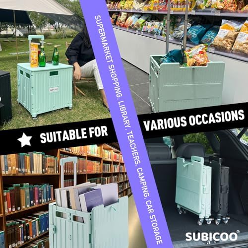 Folding Utility Cart Portable Rolling Crate Handcart Shopping Trolley Collapsible Tool Box, with Lid, on 4 Rotate Wheels, for Grocery, Shopping, Office, Camp, Teacher (Green) - Image 7