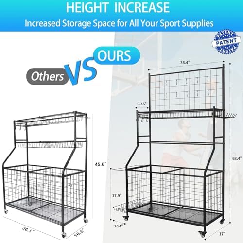 Sports Equipment Organizer,Garage Ball Storage Rack with Basketball Rack with Hooks and Rolling Wheels Cart-Black - Image 6