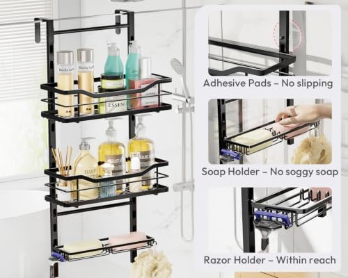 SWTYMIKI Over the Door Shower Caddy - 3 Tier Adjustable Shower Organizer Hanging with Soap Holder, No Drilling Stainless Steel Bathroom Rack Hanging for Body Wash, Shampoo, Soap, Razor, Black - Image 6