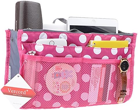 Vercord Purse Organizer Insert for Handbags Bag Organizers Inside Tote Pocketbook Women Nurse Nylon 13 Pockets Rose Dot Medium - Image 2
