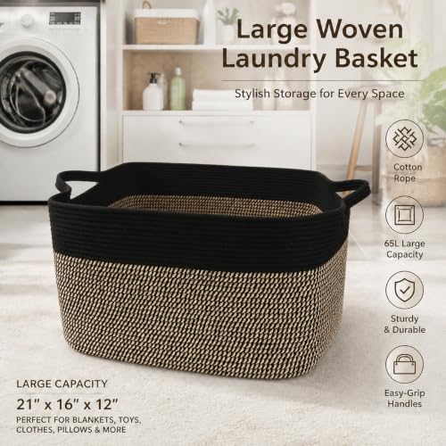 65L Laundry Basket with Handles, Woven Blanket Basket, Black/Jute - Image 5