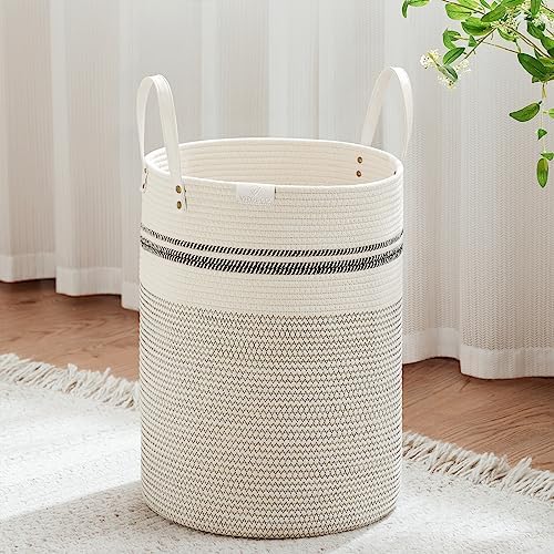 VIPOSCO 58L Tall Woven Rope Laundry Hamper, Leather Handles, Stripe White by VIPOSCO