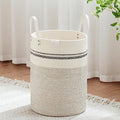 VIPOSCO 58L Tall Woven Rope Laundry Hamper, Leather Handles, Stripe White by VIPOSCO