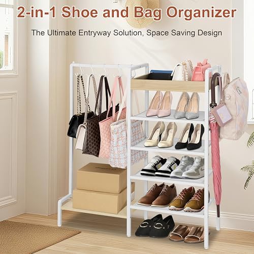 2-in-1 Shoe Rack for Closet with Purse Organizer, 5 Tier Shoes Shelf with Wooden Tray and Removable Shelves, Storage Organizer for Entryway, Garage, Hold Boots, Backpacks, White - Image 3