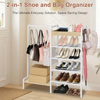 2-in-1 Shoe Rack for Closet with Purse Organizer, 5 Tier Shoes Shelf with Wooden Tray and Removable Shelves, Storage Organizer for Entryway, Garage, Hold Boots, Backpacks, White - Image 3